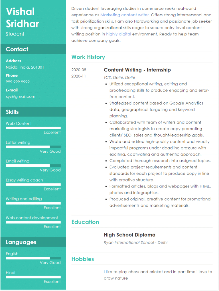 resume format 12th class