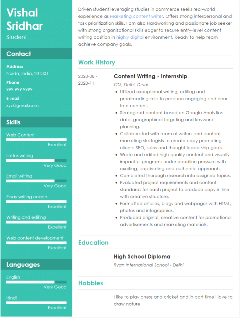 sample resume 12th pass