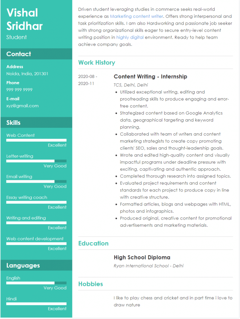 what to write class 12 in resume