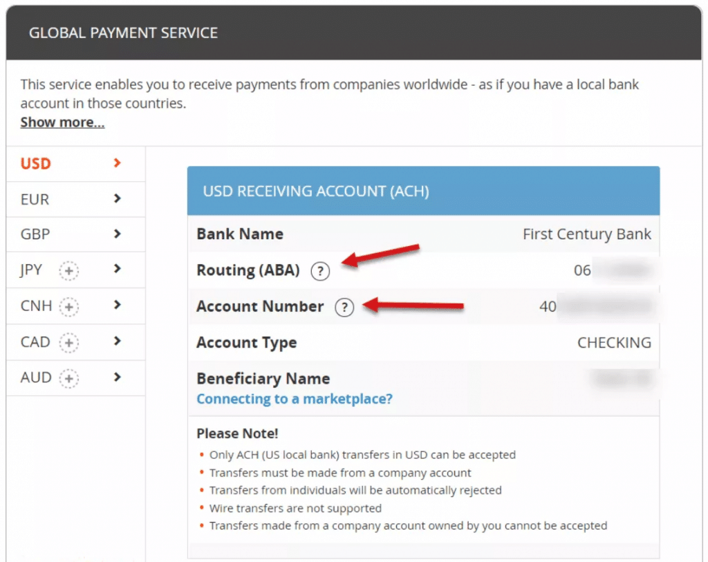 paypal to payoneer transfer routing account number