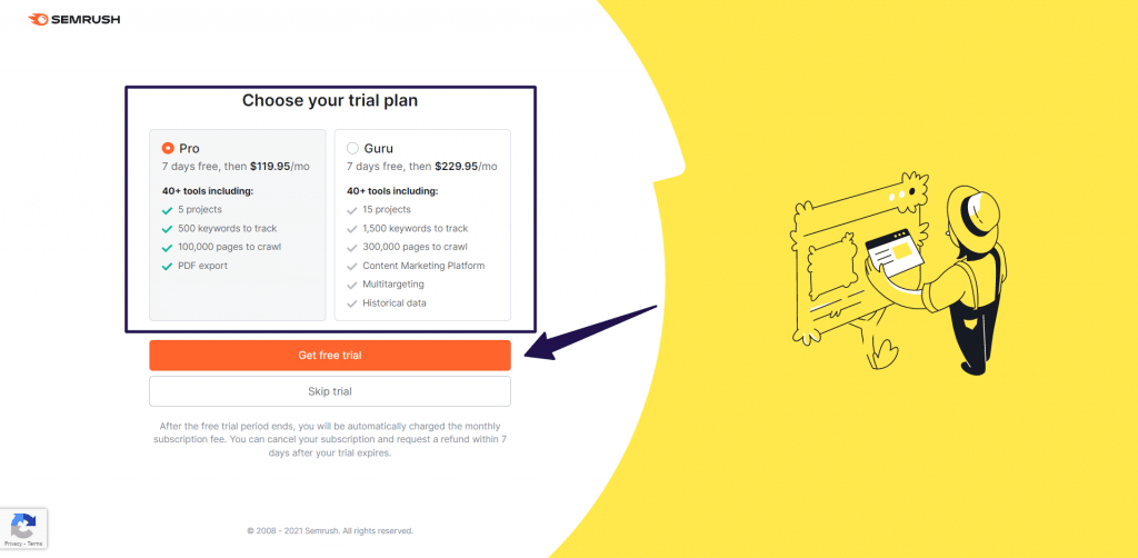 select your plan for semrush free trial