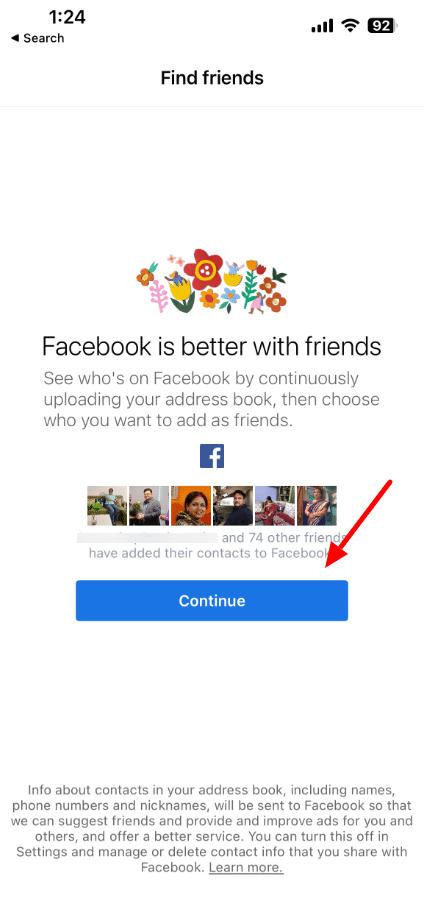 click on continue to upload contact on facebook
