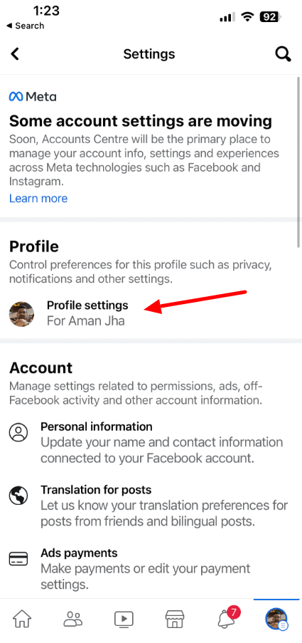 click on profile settings