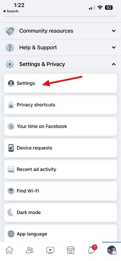 click on settings under settings and privacy dropdown