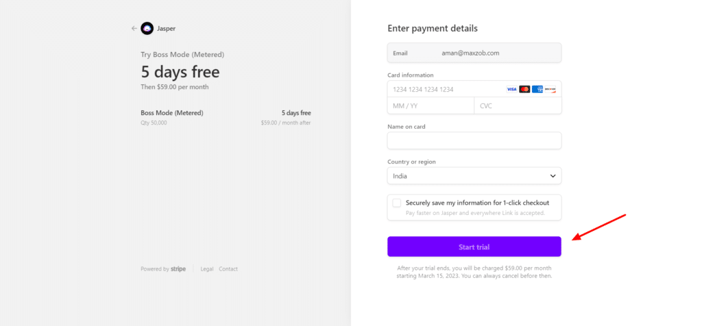 Jasper free trial payment details