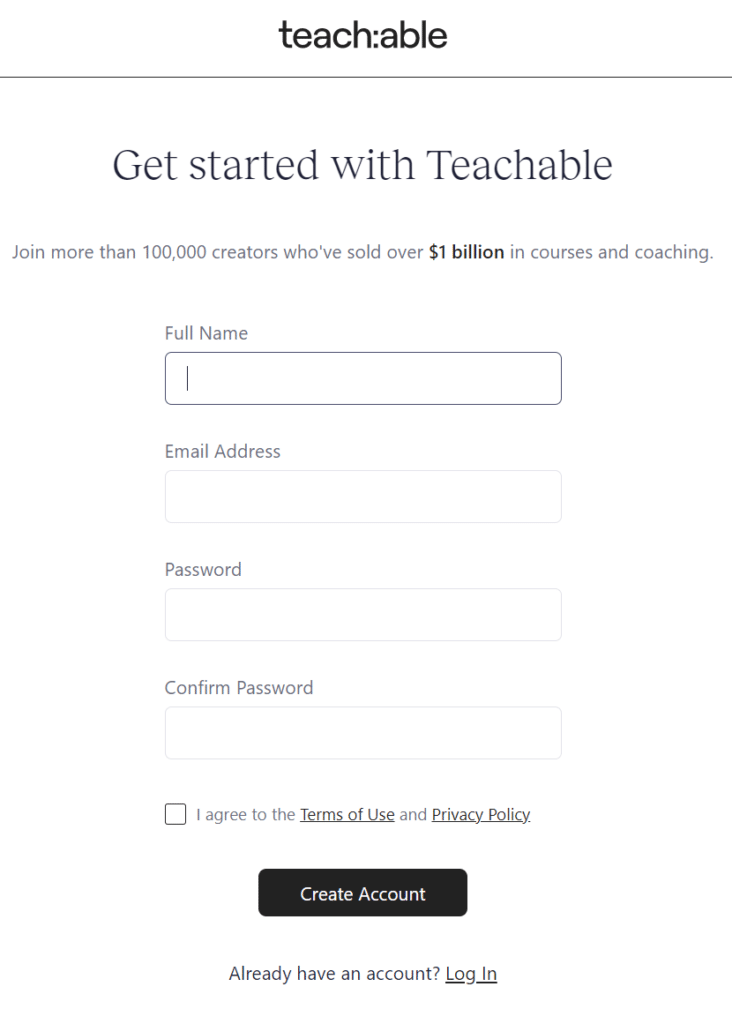 create a new account on teachable