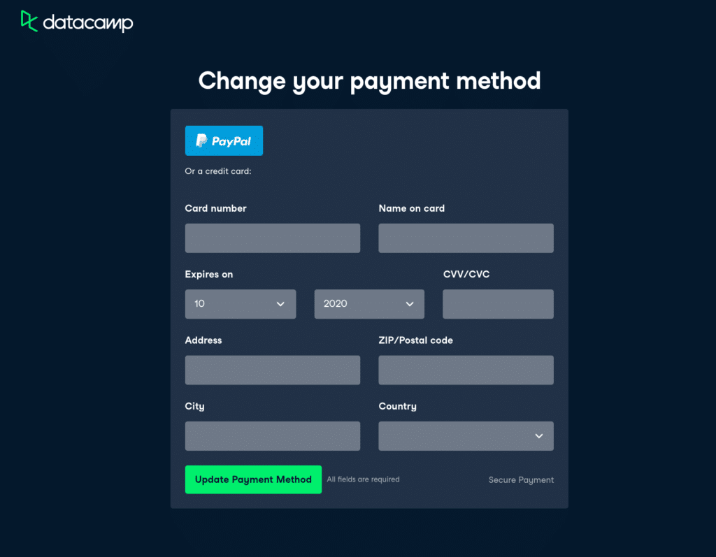 datacamp discount submit payment information