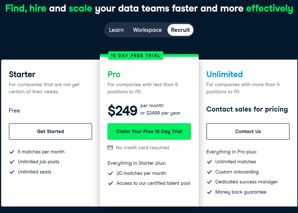 datacamp recruit pricing plan