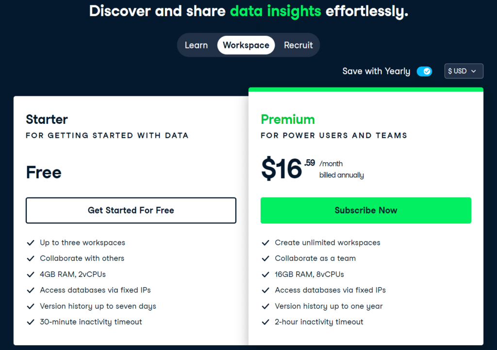 datacamp workspace pricing plan