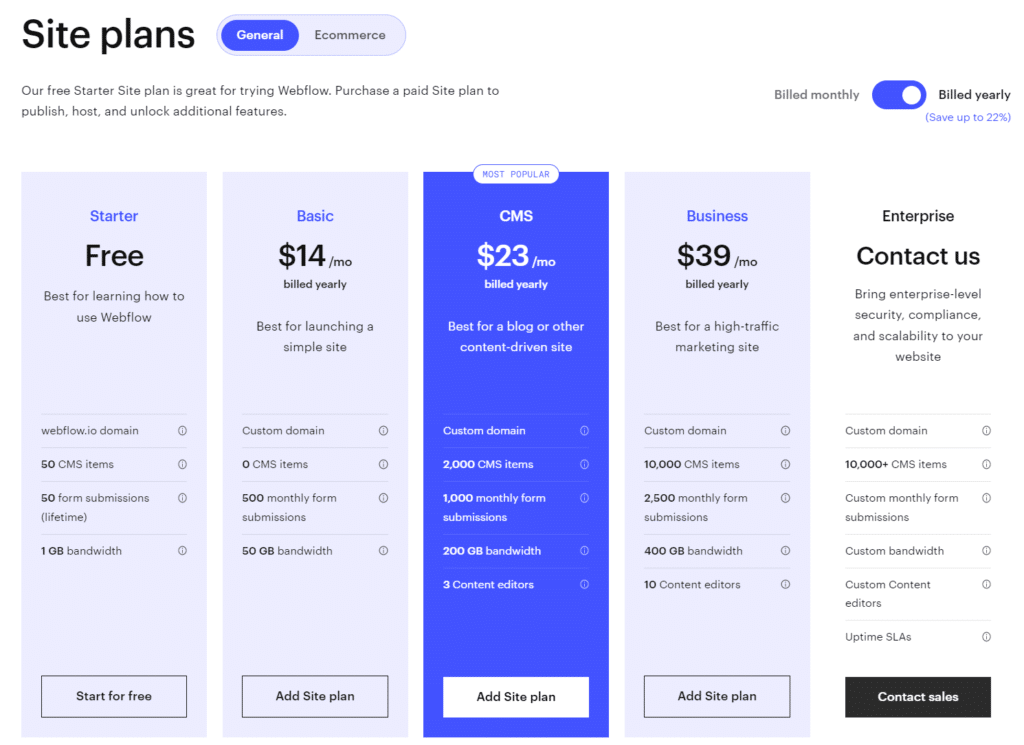 webflow discounted pricing plans
