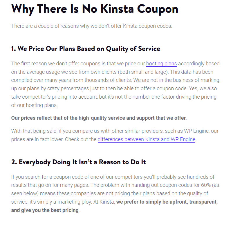 why kinsta do not offer any coupon codes