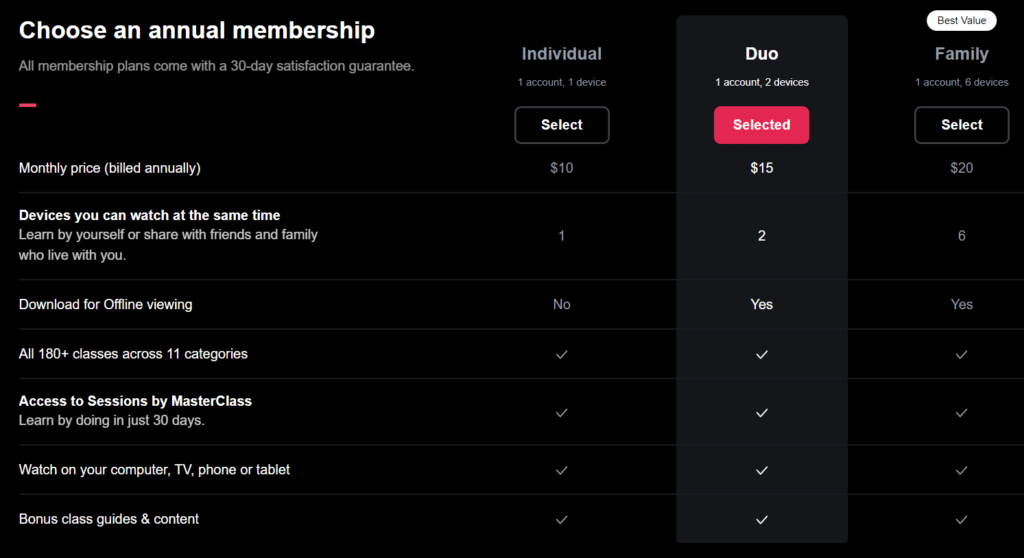 masterclass pricing plans