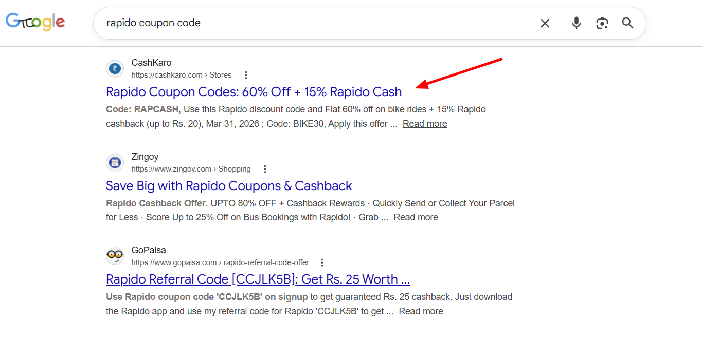 CashKaro ranking #1 for 'rapido coupon code'