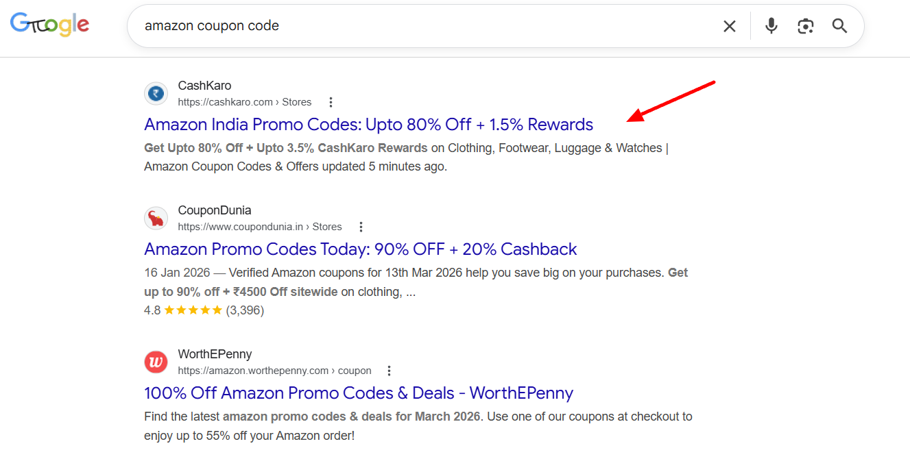 CashKaro ranking #1 for 'amazon coupon code'