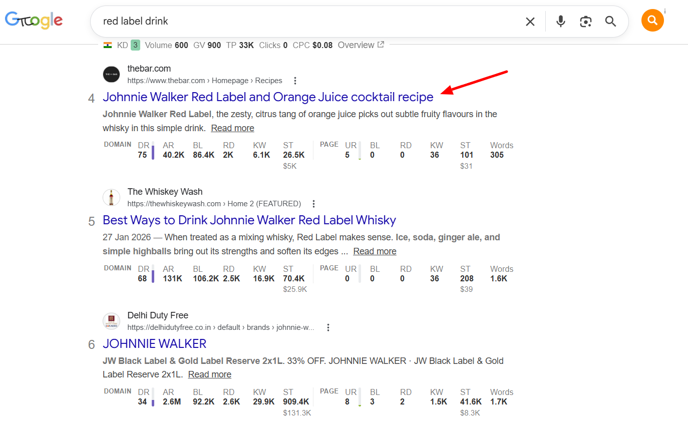 TheBar.com ranking #4 for 'red label drink' — Volume 600, KD 3, TP 33K