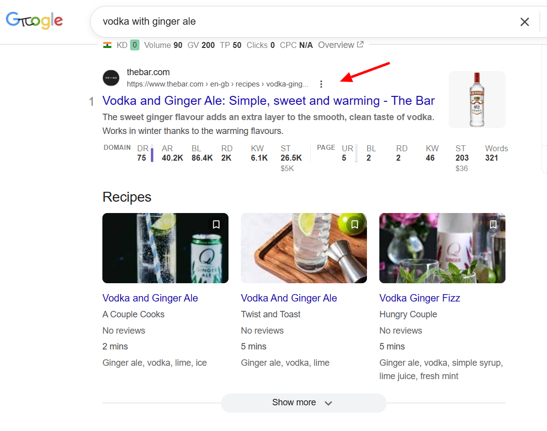 TheBar.com ranking #1 for 'vodka with ginger ale' — 90 volume, KD 0