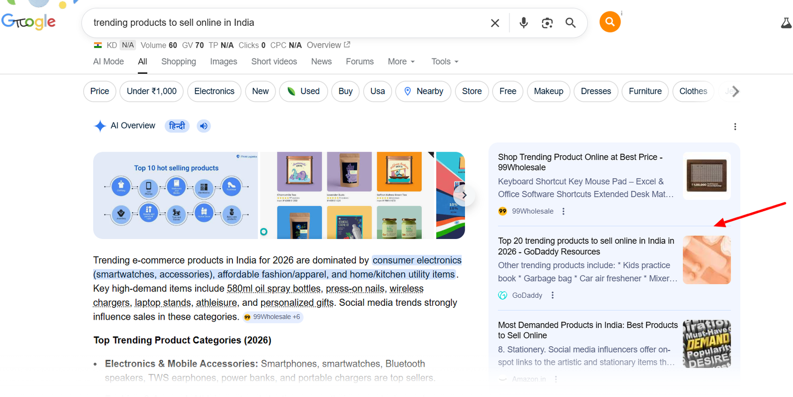 Google result for "trending products to sell online in india" — GoDaddy India