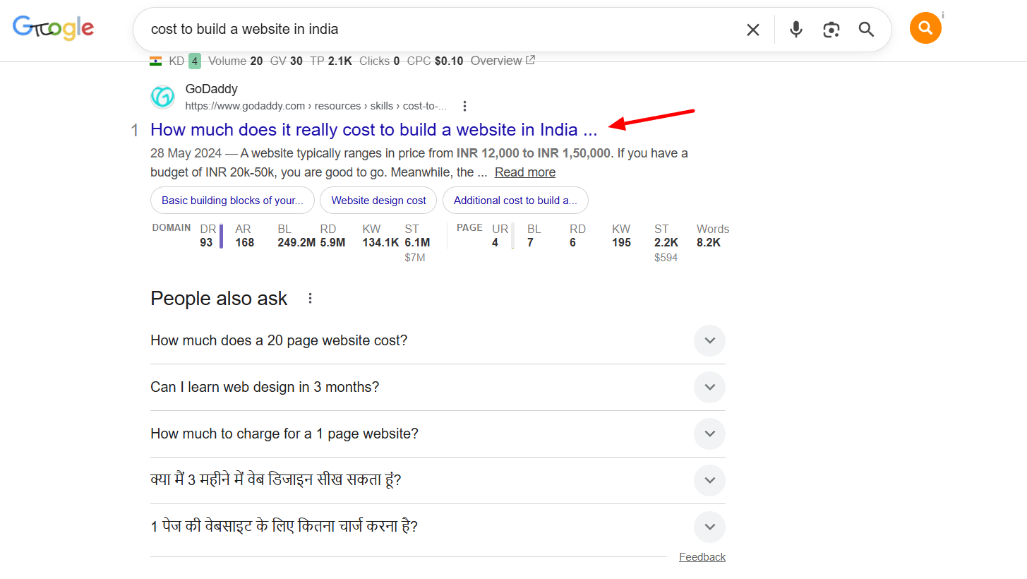 Google result for "cost to build a website in india" — GoDaddy India