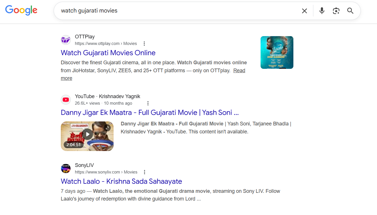 Google search result for "watch gujarati movies" showing OTTplay ranking