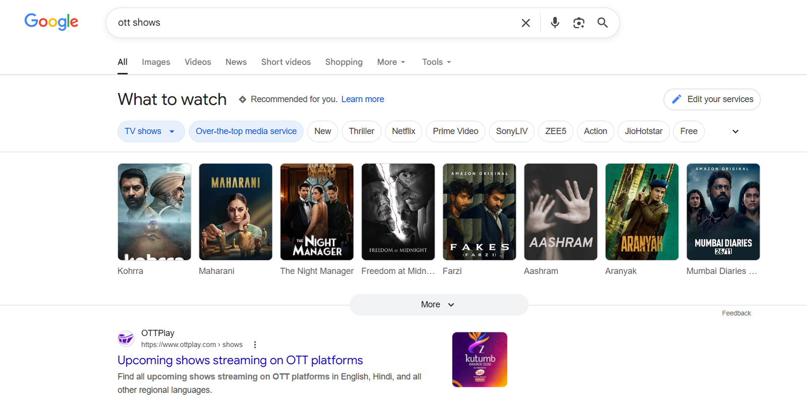 OTTplay ranking #1 for 'ott shows' on Google