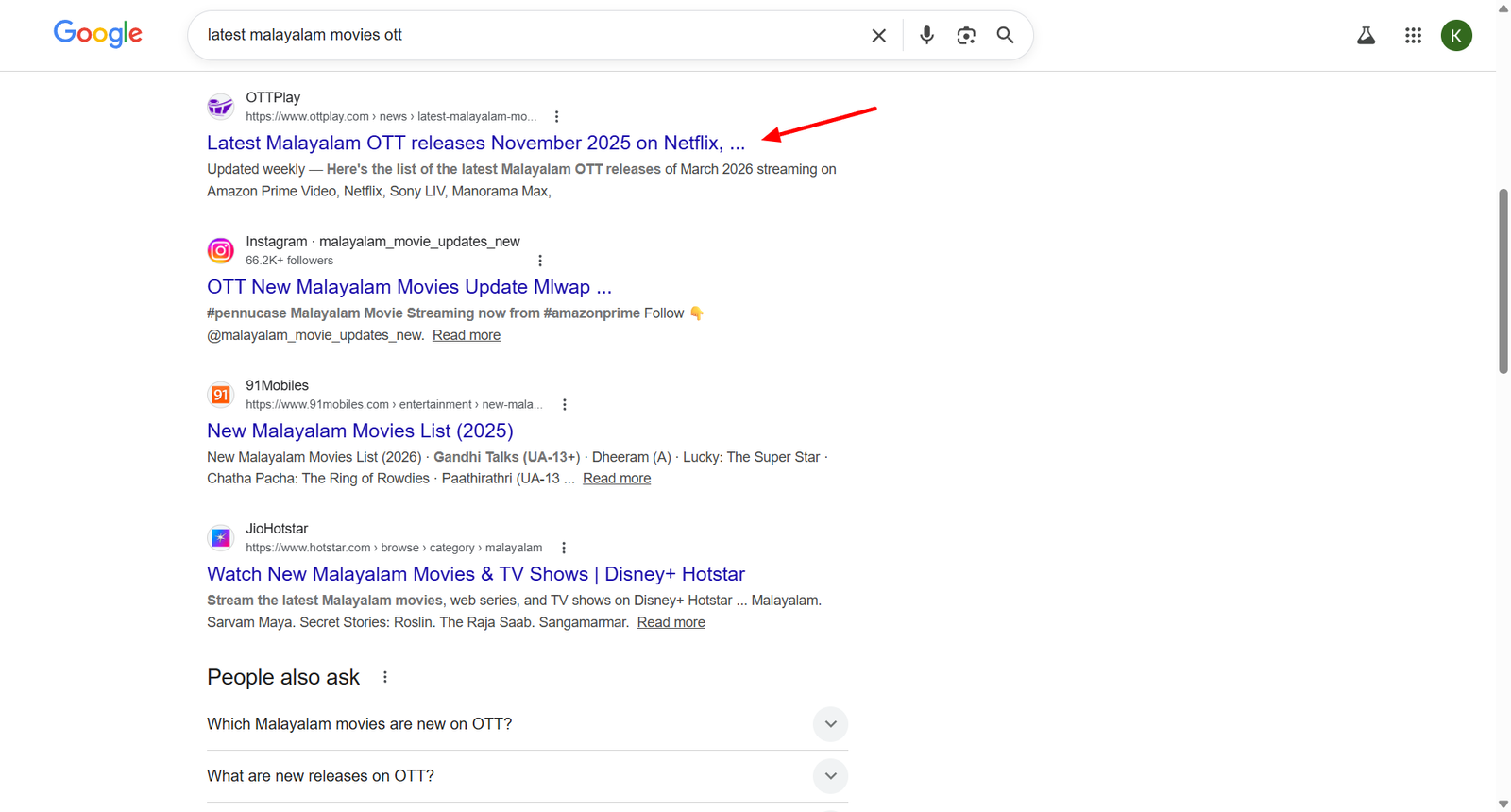 OTTplay ranking #1 for 'latest malayalam movies ott' on Google