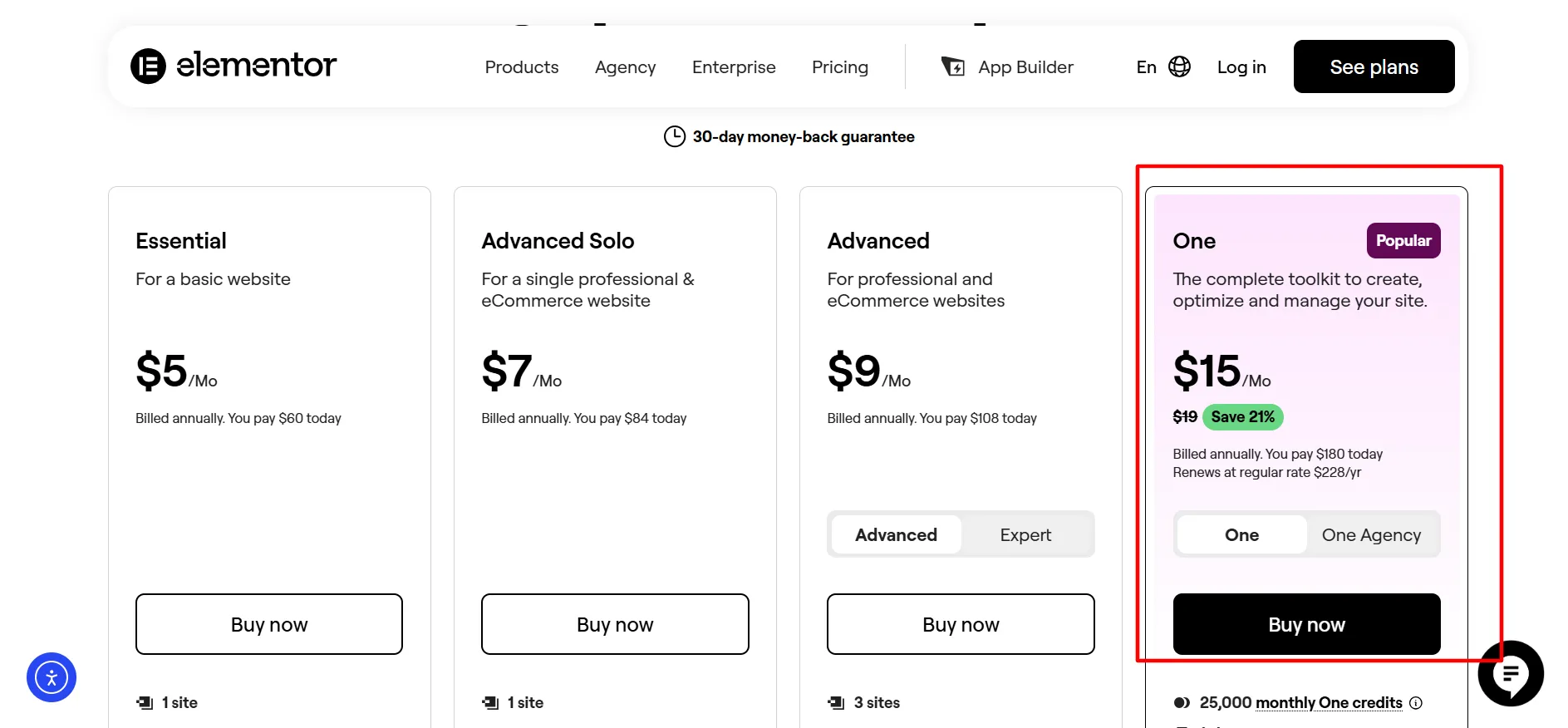 Elementor One Pricing plan