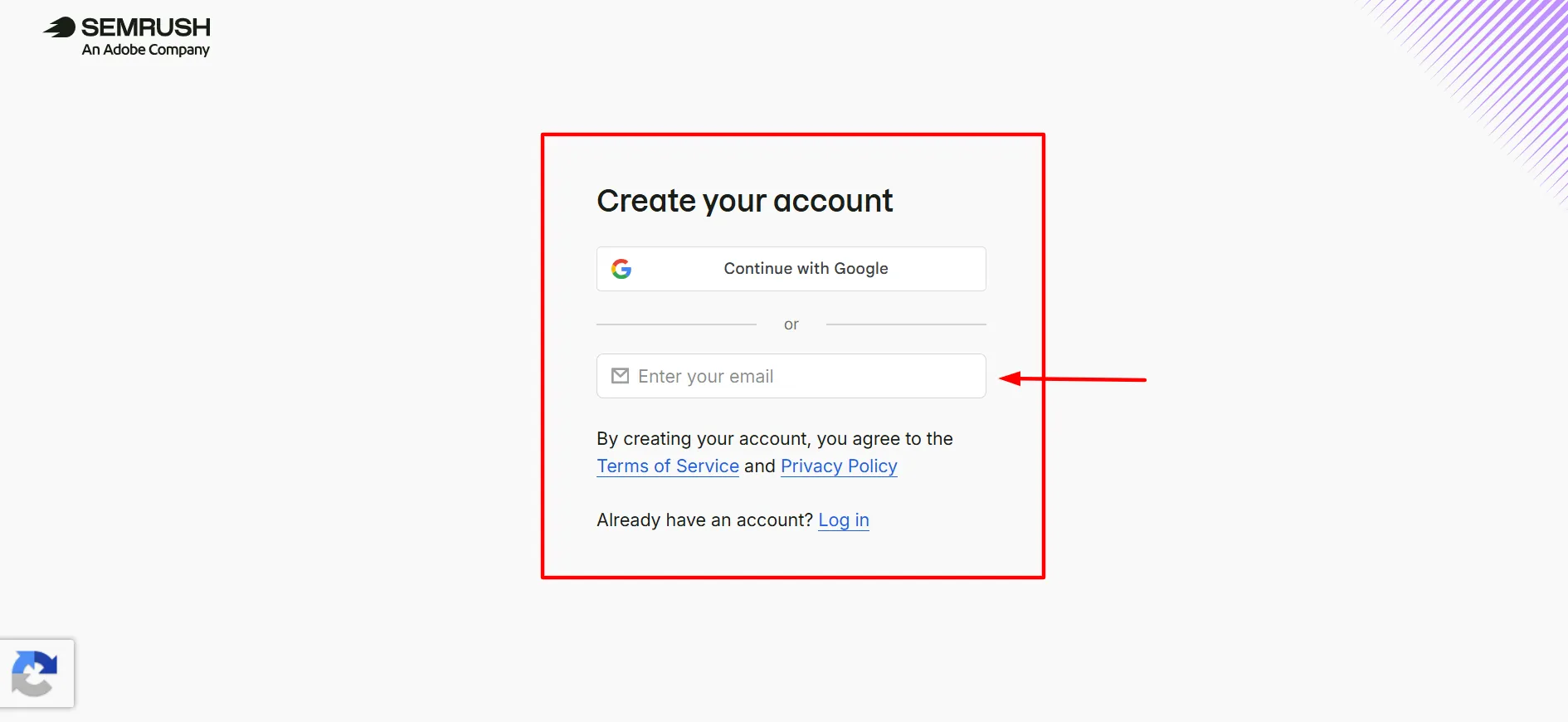 Login no Semrush - Etapa 3