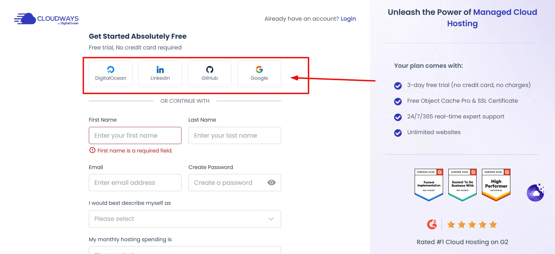 Etapa 3 de login no Cloudways