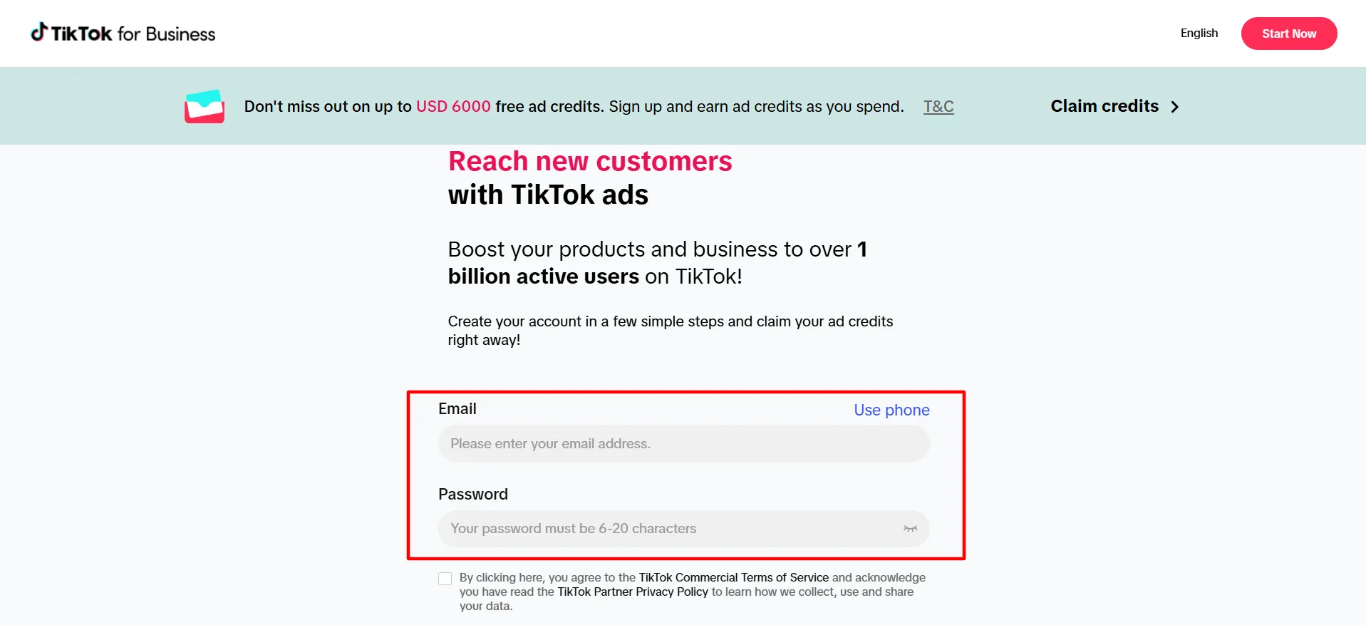 TikTok for business login step 1