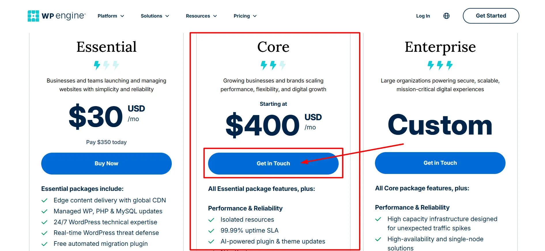 WP engine Core plan