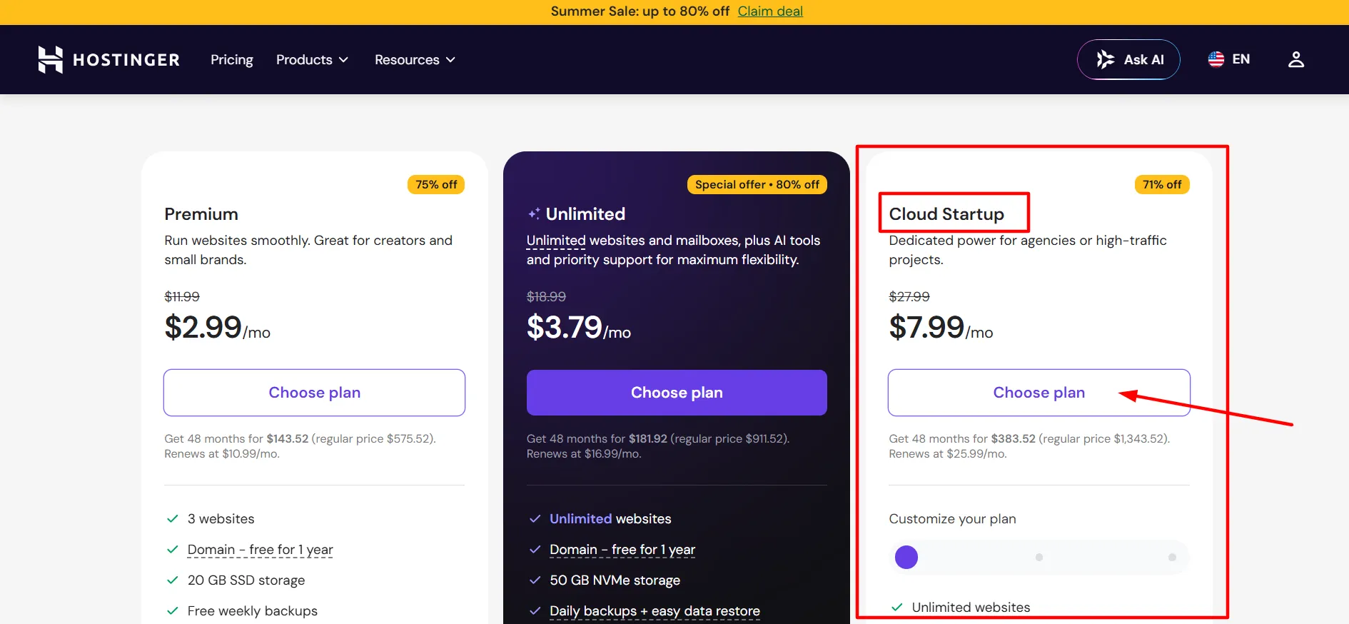 Hostinger Cloud Startup Plan