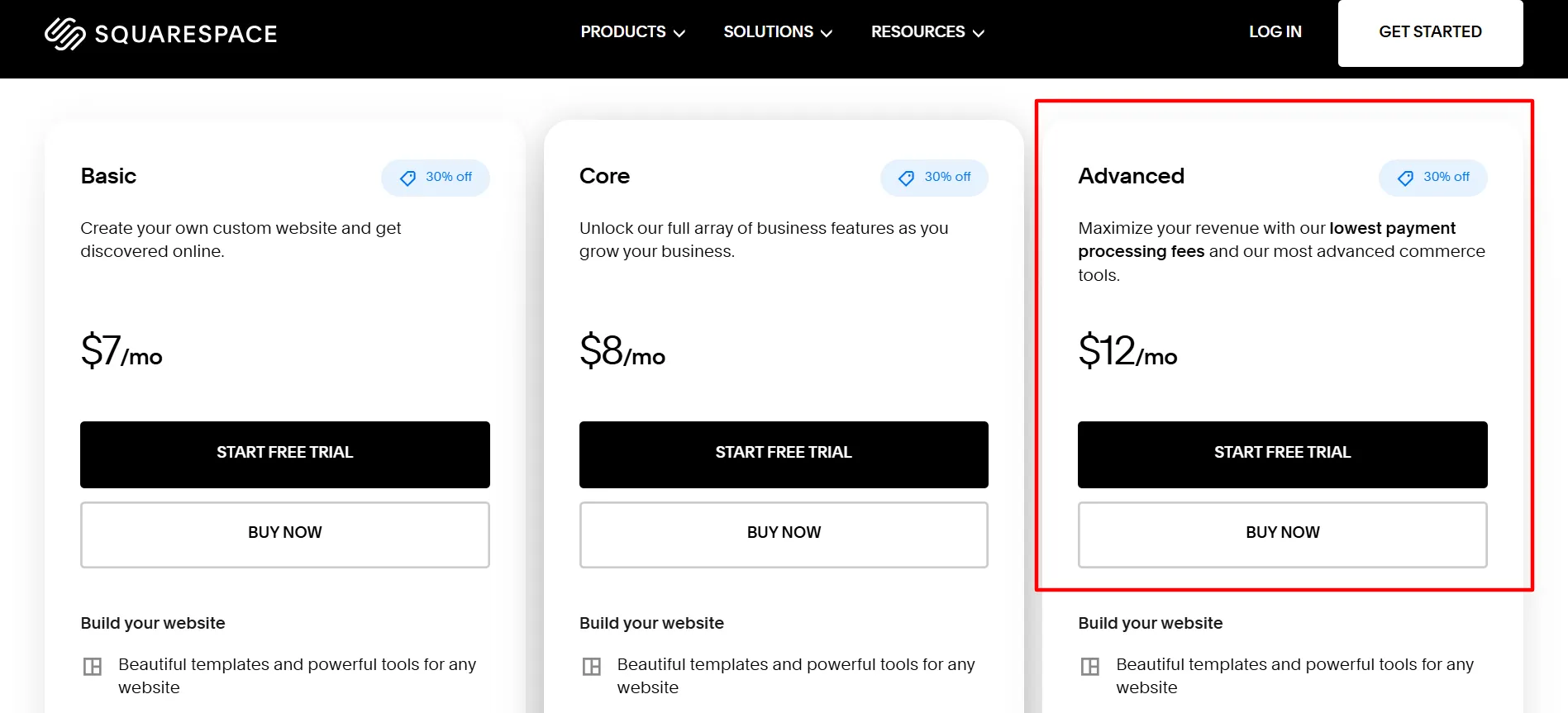 Squarespace Advanced plan
