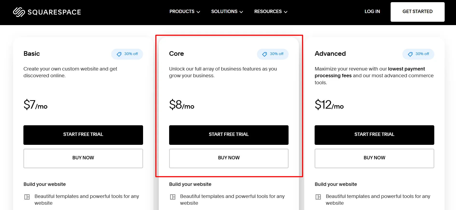 Squarespace Core plan